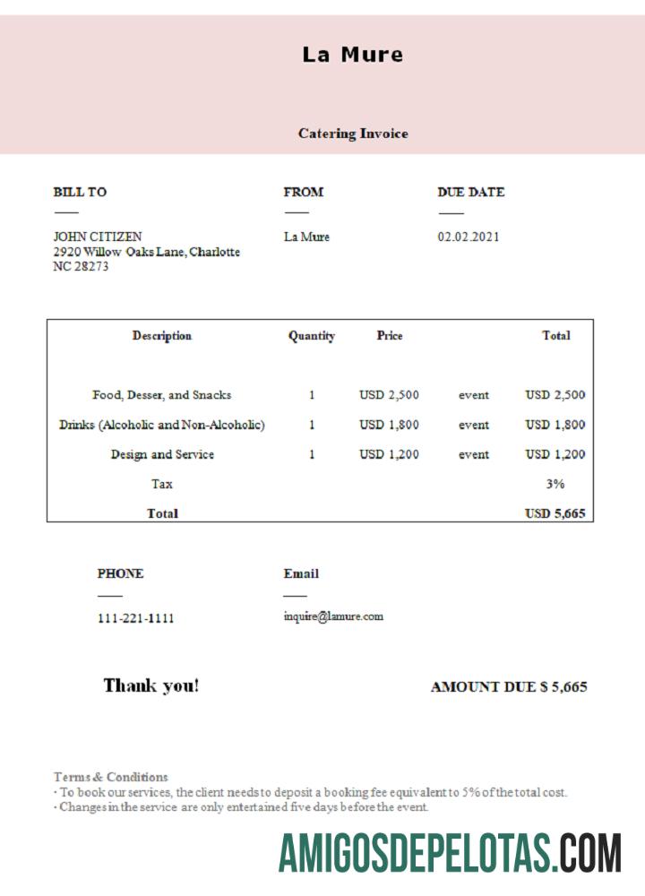 Fatura La Mure dos EUA exemplo